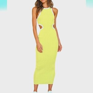 JOLIE & JOY CutOut Bodycon Ribbed Tank Dress In Yellow/white. Size Large NWT